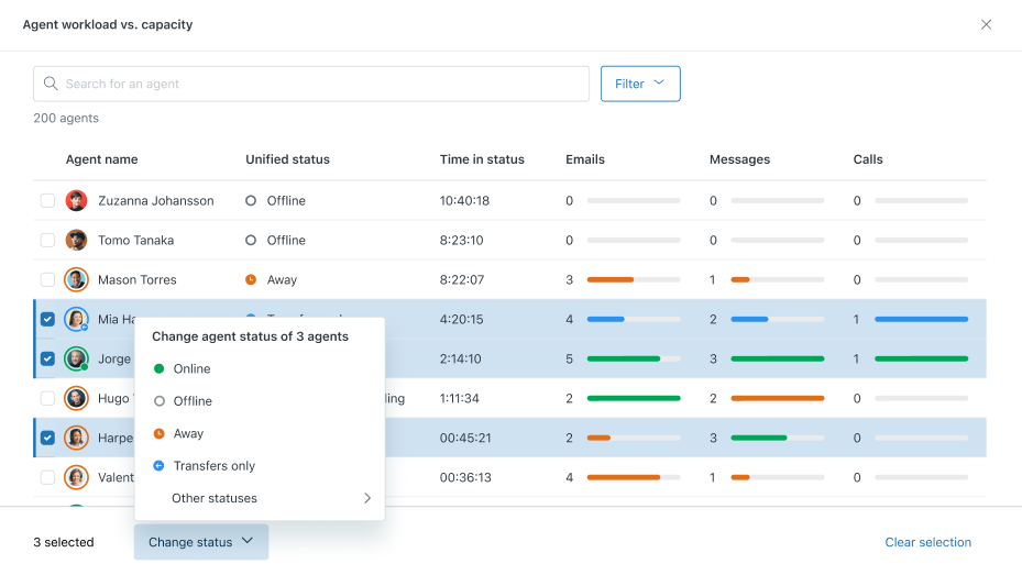 Man kan endre agent-statuser i Zendesk Explore etter kapasitet.